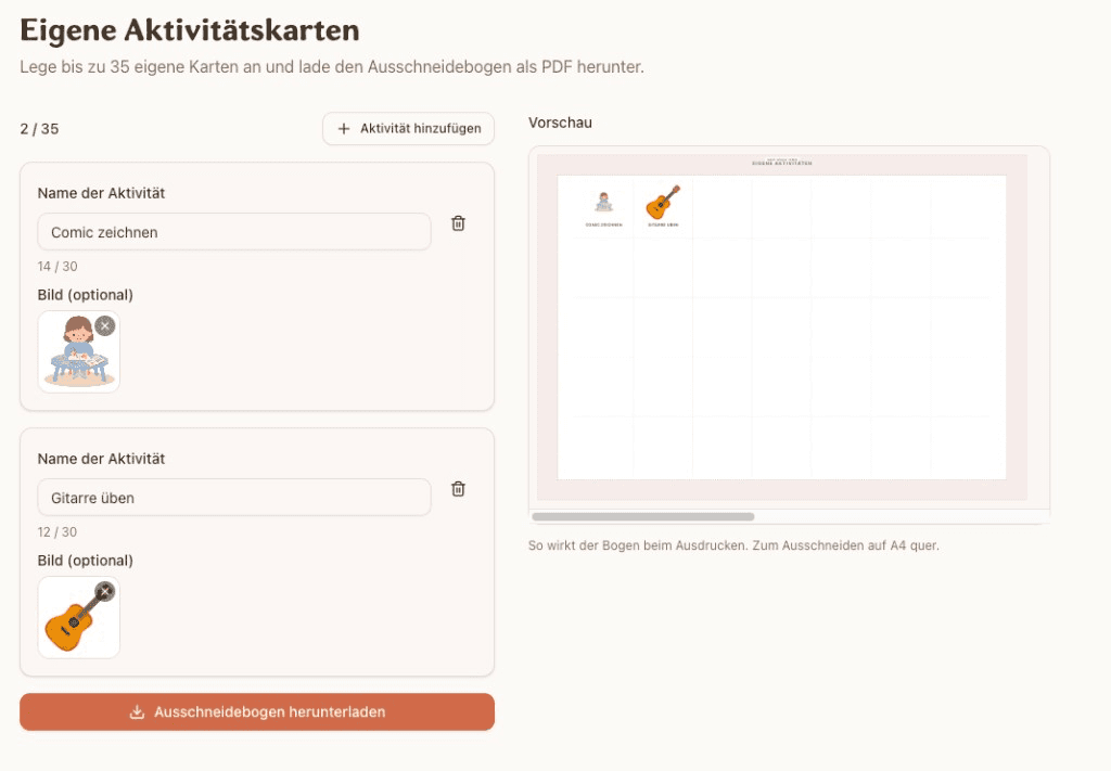 Screenshot: Eigene Aktivitätskarten anlegen und Ausschneidebogen-Vorschau