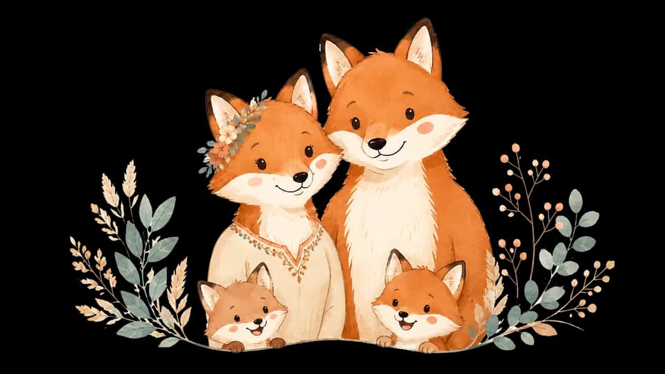 Fuchsfamilie mit zwei Erwachsenen und zwei Kindern